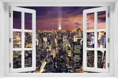 Produktbild von Wallario Wandbild aus Acryl, 60 x 90 cm, freischwebende Optik - New York bei Nacht - Panoramablick über die Stadt mit Fenster-Illusion