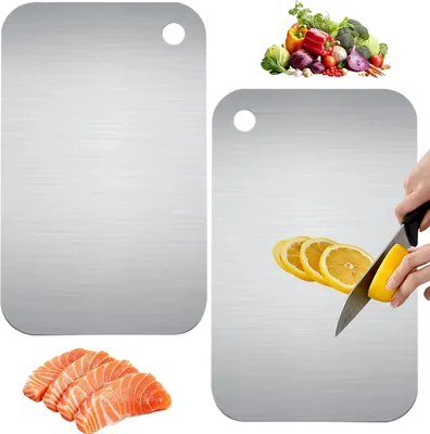 Image de Deux planches à découper, dimensions 15 x 25 cm, en acier inoxydable avec revêtement en titane, pour la cuisine