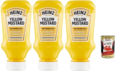 Produktbild von Heinz Yellow Mustard Senape Classica, Original amerikanischer Senf, new york deli style, 3x 240 g + Italian Gourmet polpa 400g