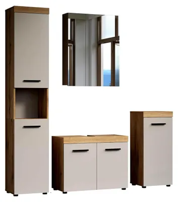 Produktbild von Badmöbel-Set Kashmir (Beige)/Eiche - Badmöbel mit Hochschrank, Waschbeckenunterschrank, Kommode, Spiegelschrank - (BxHxT) 164 x 184 x 34 cm - Moderner Stil