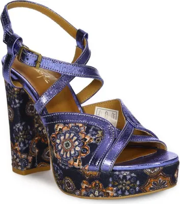 Produktbild von Damensandalen Marineblau mit Blumenmuster aus Naturleder 12,5 cm Absatz offene Spitze Modell 0608417001