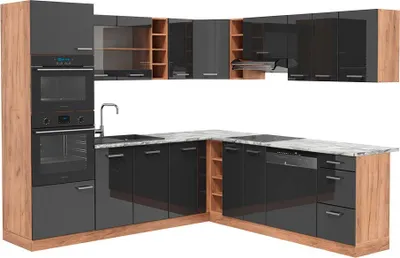 Produktbild von Eckküche Vicco R-Line Anthrazit Hochglanz/Goldkraft Eiche 247 x 237 cm, AP Marmor, Model 42975