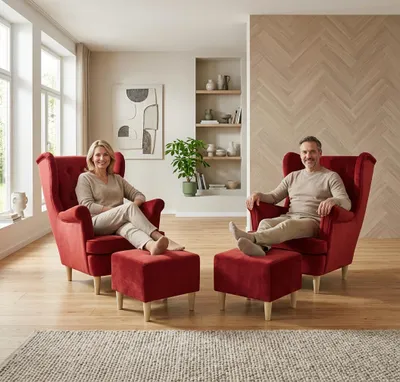 Produktbild von 2er-Set Ohrensessel DIANA Monolit – mit Hockern, Velours in Rot, Family Meble, KI-generiertes Bild