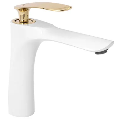 A white and gold faucet on a white background.