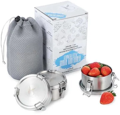 Obrázok produktu pre Sada kontajnerov z oceľového plechu, malé nádoby s objemom 200 ml, detská krabička na desiatu, vzduchotesná, na ovocie, müsli a desiaty