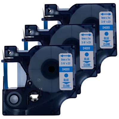 Produktbild von DULA-Etikettenband - Kompatibel mit Dymo D1 40911 - 3 Stück - Blau auf transparent - 9mm x 7m