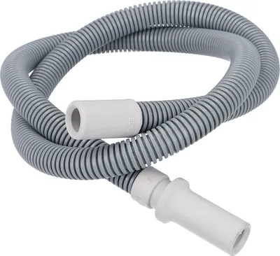 A gray corrugated hose with white connectors, coiled on a white background.