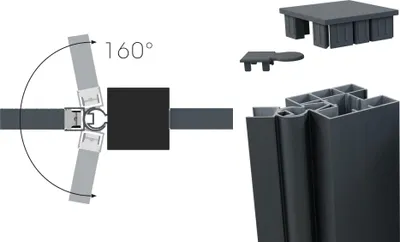 Diagrams and close-ups of a fastening system for decking or similar construction, showing angles and components.
