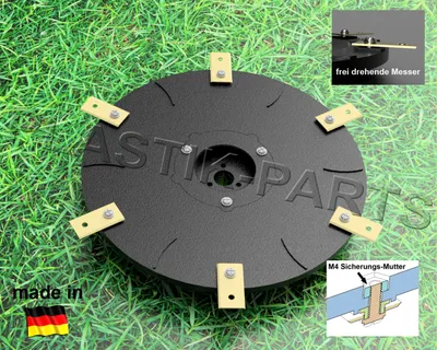 A black rotary cutter blade with gold blades on a grassy background.