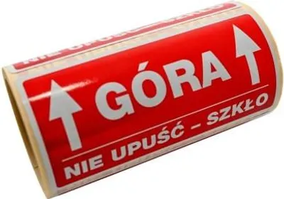 Zdjęcie produktu dla Etykiety Ostrzegawcze NAKLEJKI GÓRA NIE UPUŚĆ SZKŁO ROLKA 100 sztuk KURIER