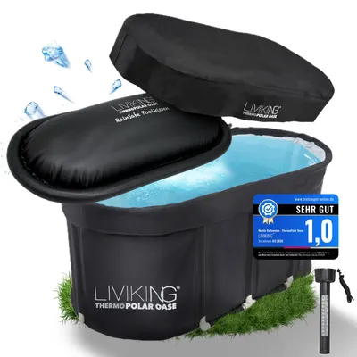 Produktbild von LIVIKING® Eisbad + Faltbare Badewanne Erwachsene [120cm - 2in1 KOMFORT KOMPLETTSET] Eisbaden Tonne, Mobile Badewanne Outdoor & Eistonne