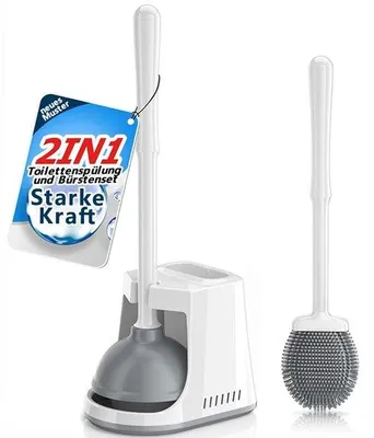 Produktbild von Toilet-Bürste-Set, weiß, Silikon, mit Randreiniger und Entstopfer