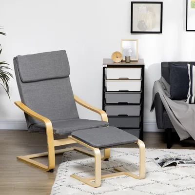 Produktbild von Relaxsessel mit Fußhocker, Sessel-Set Leinenoptik, Polstersessel Massivholz C-Gestell, Grau | 66,5 x 80 x 99 cm | bis 120 kg | 10,4 kg
