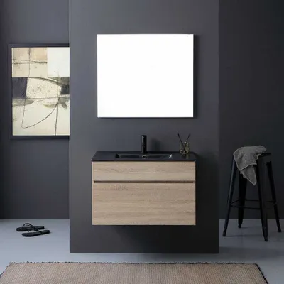 Immagine prodotto di Mobile bagno sospeso 90 cm cassetto effetto legno e lavabo nero | Sole
