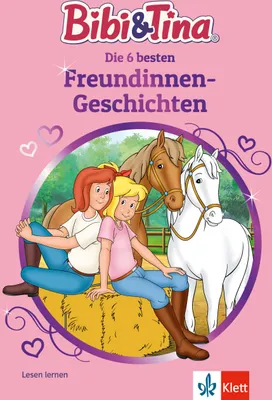 Two cartoon girls with horses in a circular frame on a pink background.