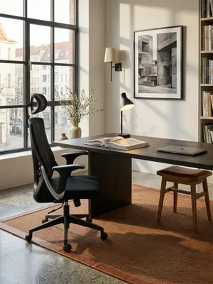 Produktbild von Bürostuhl Schwarz Mesh-Bezug Schreibtischstuhl bis 120 kg mit Kopfstütze, Drehstuhl höhenverstellbar mit Lendenwirbelstütze, Stoff-Schreibtischsessel ergonomisch mit Wippfunktion