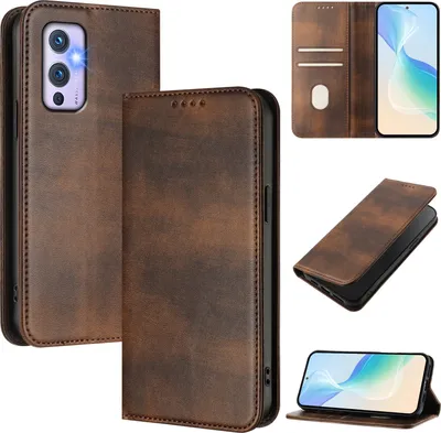 Produktbild von Handyhülle für OnePlus 9, Vintage Leder RFID Schutz Kartenfach Standfunktion Magnetische Klapphülle Braun