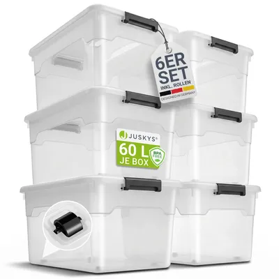 Produktbild von Juskys Aufbewahrungsbox mit Deckel - 6er Set Kunststoff Boxen 60l - Box groß, stapelbar, transparent - Aufbewahrung Ordnungssystem Aufbewahrungsboxen