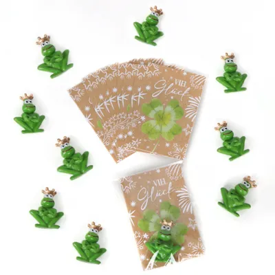 Produktbild von 10 grüne Frösche "Viel Glück" Karte Glücksbringer Geschenk