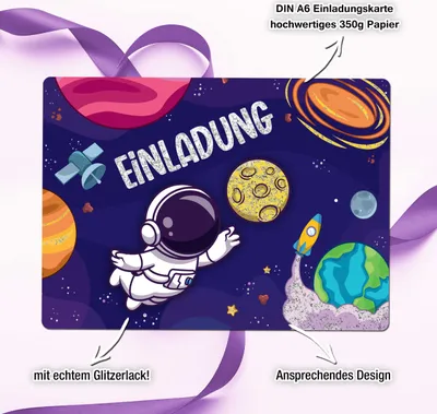 Produktbild von 12 Einladungskarten inkl. Umschläge "Astronauten Party"