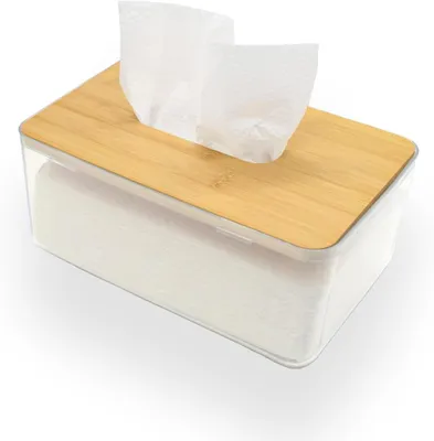 Imagen del producto de Caja para pañuelos de tela de acrílico con tapa de bambú, grande, transparente, para baño
