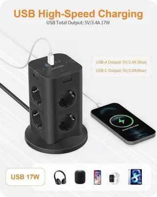 Zdjęcie produktu dla Listwa zasilająca z włącznikiem, 8 gniazd, z 4 portami USB i zabezpieczeniem przeciwprzepięciowym, 1050 J, kabel zasilający o długości 2 metry, czarny