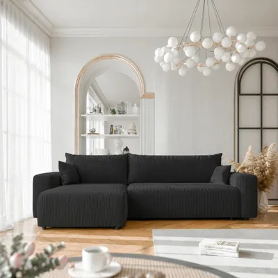 Produktbild von Ecksofa XL Castelo Poso 135 Schwarz Cord mit Schlaffunktion und Bettkasten
