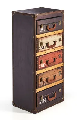 A tall, narrow chest of drawers designed to look like stacked vintage suitcases.