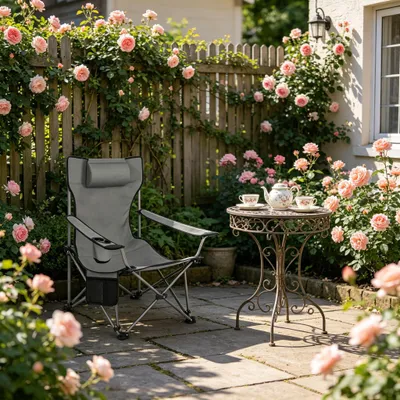 Image de Chaise de pêche avec repose-pieds extensible, chaise de camping ergonomique, grise