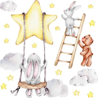 Produktbild von Wandaufkleber Kinderzimmer – Wandsticker für Baby & Kinder – Selbstklebende Wanddekoration – Abnehmbar ohne Rückstände – Deko für Mädchen & Jungen - Teddybären und Sterne im Aquarellstil80x123 cm