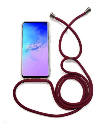 Image de Étui pour téléphone avec bandoulière/cordon pour porter en bandoulière, compatible avec divers modèles Samsung Galaxy. Modèle : Samsung Galaxy S20, couleur : rouge foncé/argent