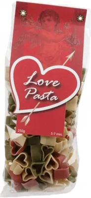 A bag of heart-shaped pasta with a red label.
