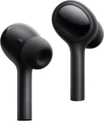 A pair of black wireless earbuds is shown against a white background.