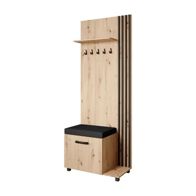 Produktbild von Garderobenschrank LIVIA Rechts Eiche Artisan– Garderobe mit Kleiderhaken, Schuhschrank, schwarze Lamellen, schwarz Sitzkissen, Hochschrank, Flurmöbel