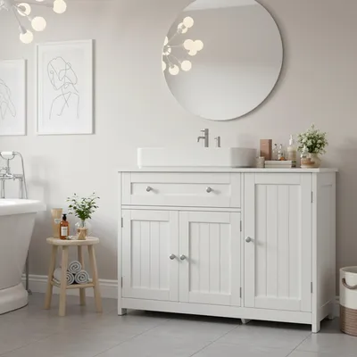 Immagine prodotto di Mobiletti da bagno - Armadietti per il bagno - Contenitori - Mobiletti sotto lavabo - Mobiletto bianco - 3 ante e cassetto