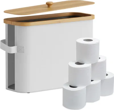 Obrázek produktu pro Relaxdays – stojan na toaletní papír, 12 rolí, VxŠxH: 33 x 45 x 16 cm, látka, bambus, koš na toaletní papír, zásoba, bílý