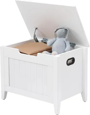 Image de Banc de rangement - Banc en bois avec couvercle rabattable - 60 cm - 2 charnières de sécurité - Meuble de rangement pour chaussures, idéal pour l'entrée ou le salon - Coffre rembourré - Blanc
