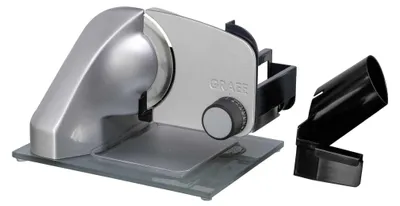 A silver and black food slicer is shown on a white background.