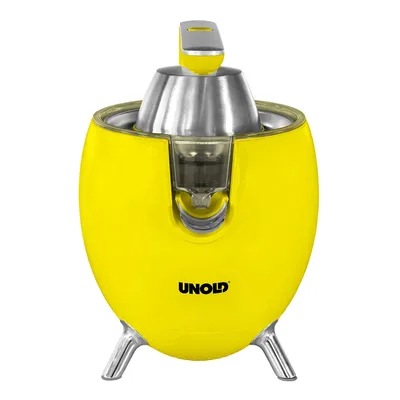 A bright yellow citrus juicer with silver accents, shown from a front-facing angle on a white background.