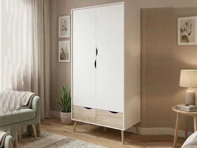 Produktbild von Zweitüriger Kleiderschrank mit zwei Schubladen, Farbe Weiß und Eiche, 98 x 200 x 58 cm