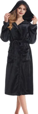 Produktbild von Damen Winternachthemd Dicker Flanell Warm Verstellbarer Schnürgürtel Einfarbig Kapuzentaschen Große Wasseraufnahme Lady Homewear Spa Hotel Bademantel