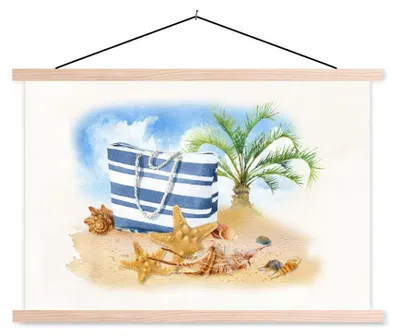 Produktbild von MuchoWow® Textilposter Palme - Tasche - Muscheln 60x40 cm mit holzfarbenen Rahmen - Bilder