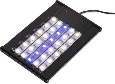 A close-up, angled view of an LED light bar with blue and white LEDs.
