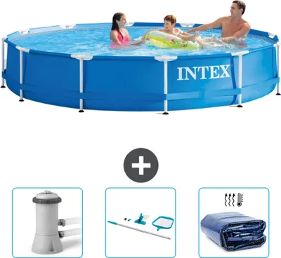 Produktbild von Intex-Schwimmbecken mit rundem Rahmen – 366 x 76 cm – Blau – im Lieferumfang enthalten Filterpumpe für Schwimmbad - Reinigungskit - Sonnensegel