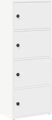 A white four-door cabinet or bookshelf.