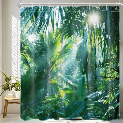 Produktbild von Schimmelresistenter Duschvorhang 150 x 180 cm, Badezimmerdekoration mit grünem tropischem Dschungelpflanzenmotiv, waschbares, wasserdichtes Polyestergewebe, 10 Duschvorhanghaken