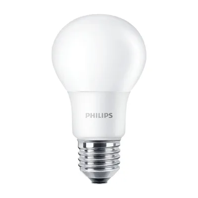 A white Philips LED light bulb on a white background.
