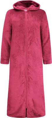 Productafbeelding van Unyqoos® Gaubert® Extra lange fleece badjas voor dames, met rits, capuchon en zijzakken, superzachte , bordeauxrood, maat L/XL, gecertificeerd