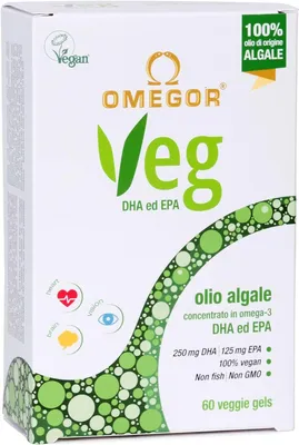 Immagine prodotto di Omegor Veg Omega-3 60 Capsule Olio di Alghe con Vitamina E 250mg DHA 125mg EPA