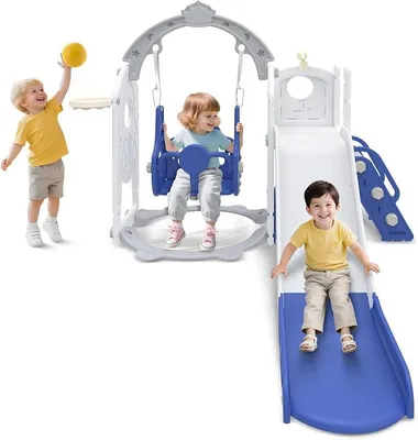 Imagen del producto de Tobogán para niños pequeños a partir de 1 año, apto para uso en interiores y exteriores. Incluye tobogán independiente con columpio, escalera de escalada, espacio de almacenamiento, aro de baloncesto y telescopio de juego